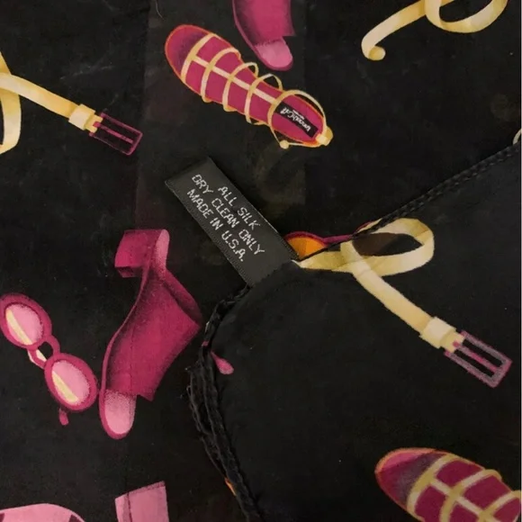 Vintage Kenneth Cole 100% Silk Scarf / Black Scarf w/Pink and Yellow Accessories - Picture 4 of 5